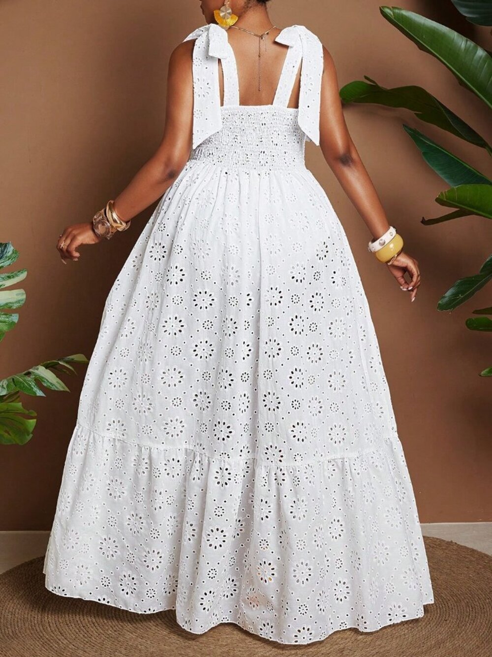 White Boho Elegant Women's Plus Size Woven Embroidered Patchwork Ruffle Dress - Picture 2 of 6